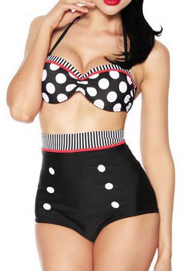 Summer Retro Black Highwaisted Bikini White Polka Dot Pin Up Swimsuit Fashion