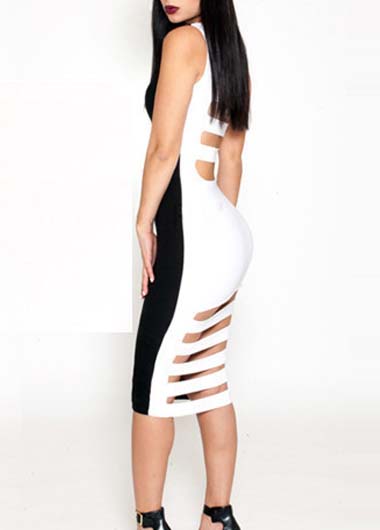 White Sexy Cut Out Back Design Black Color Blocking Sheath Dress Women Evening Fashion Trendy
